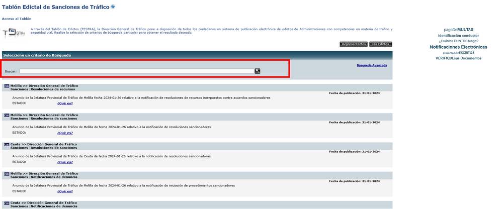 Tablón edictal de sanciones de tráfico